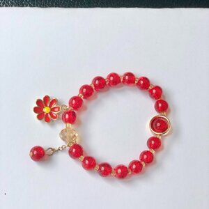 Red Flower Glass Beaded Charm Gold plated Bracelet